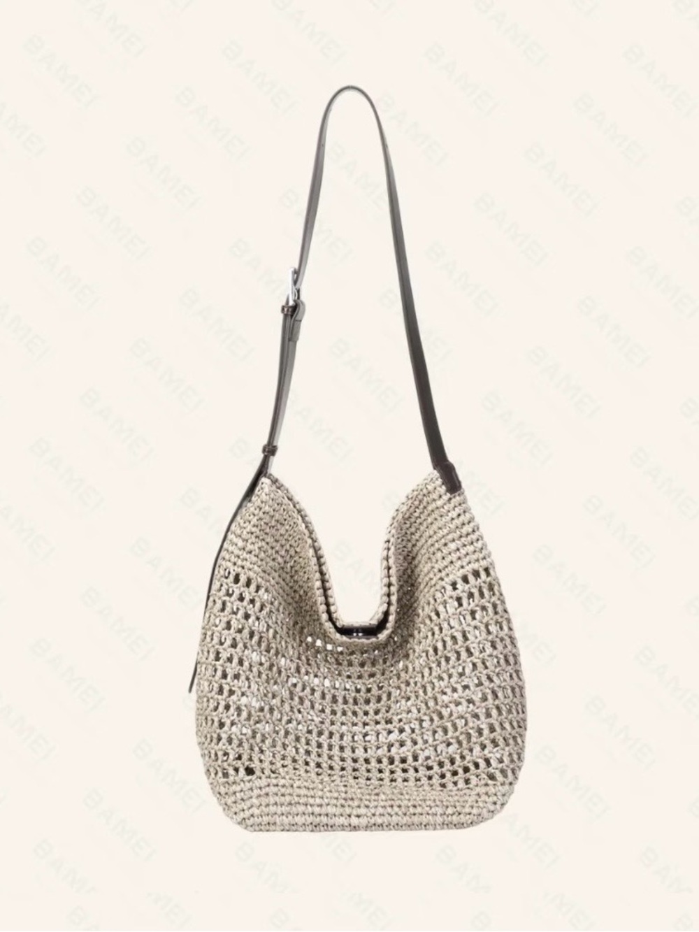 Woven Crochet Hobo Shoulder Bag with Genuine Leather Strap